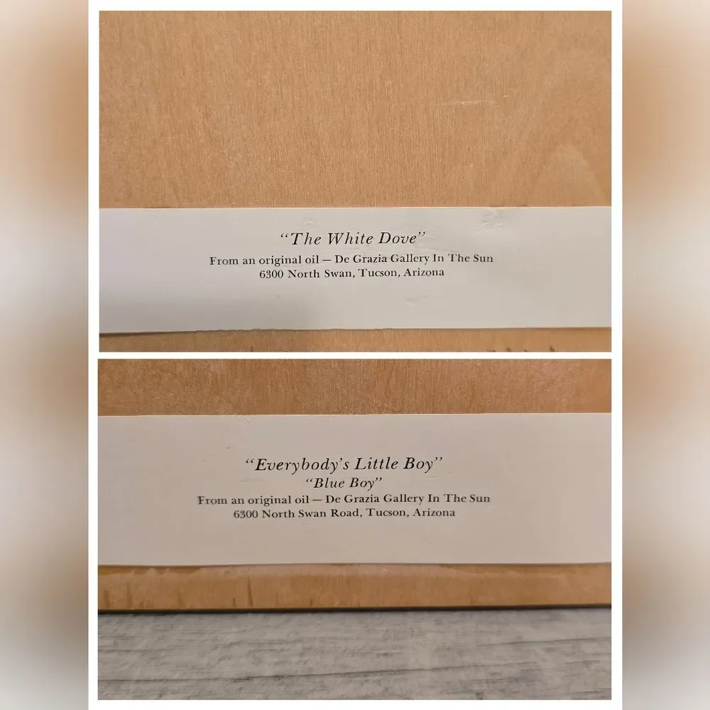 Vintage De Grazia Set of 2 Laminated  Plaques Prints The White Dove and Blue Boy